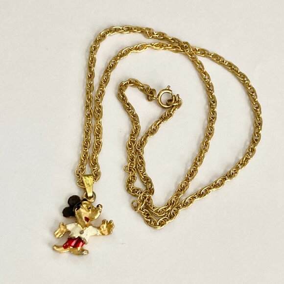Vintage Disney Mickey Mouse Necklace Pendant Gold Plated 20" Disneyana Signed - Picture 7 of 9